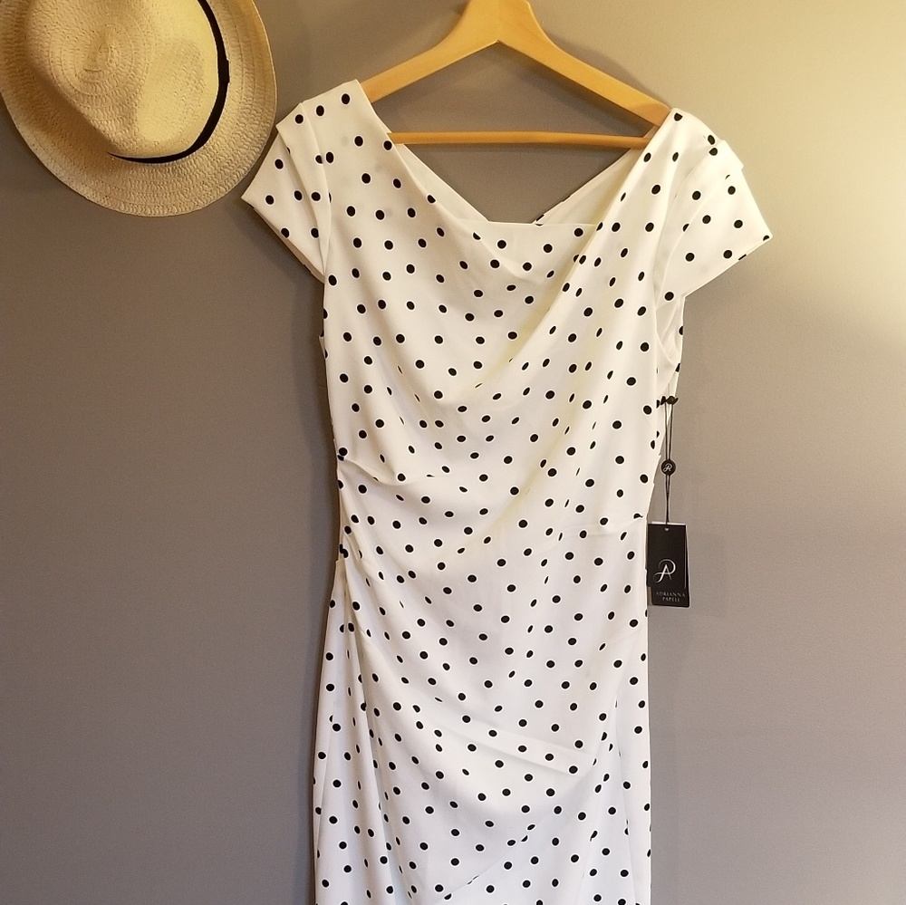 Adriana Papell short sleeve ruched polka dot dress